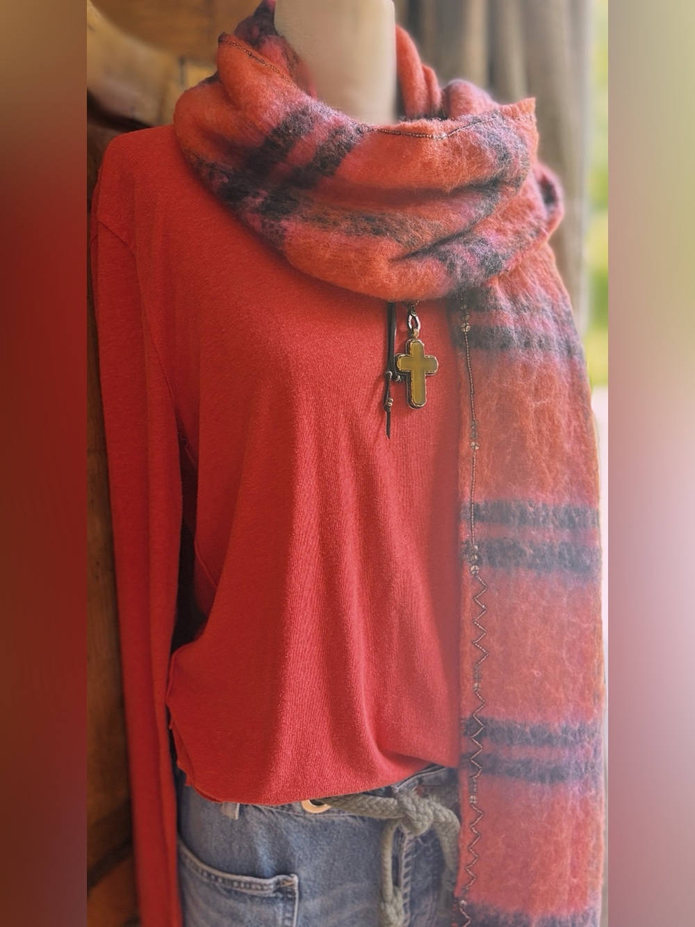 Free People Beaded Plaid Scarf – Pink Combo / NWT